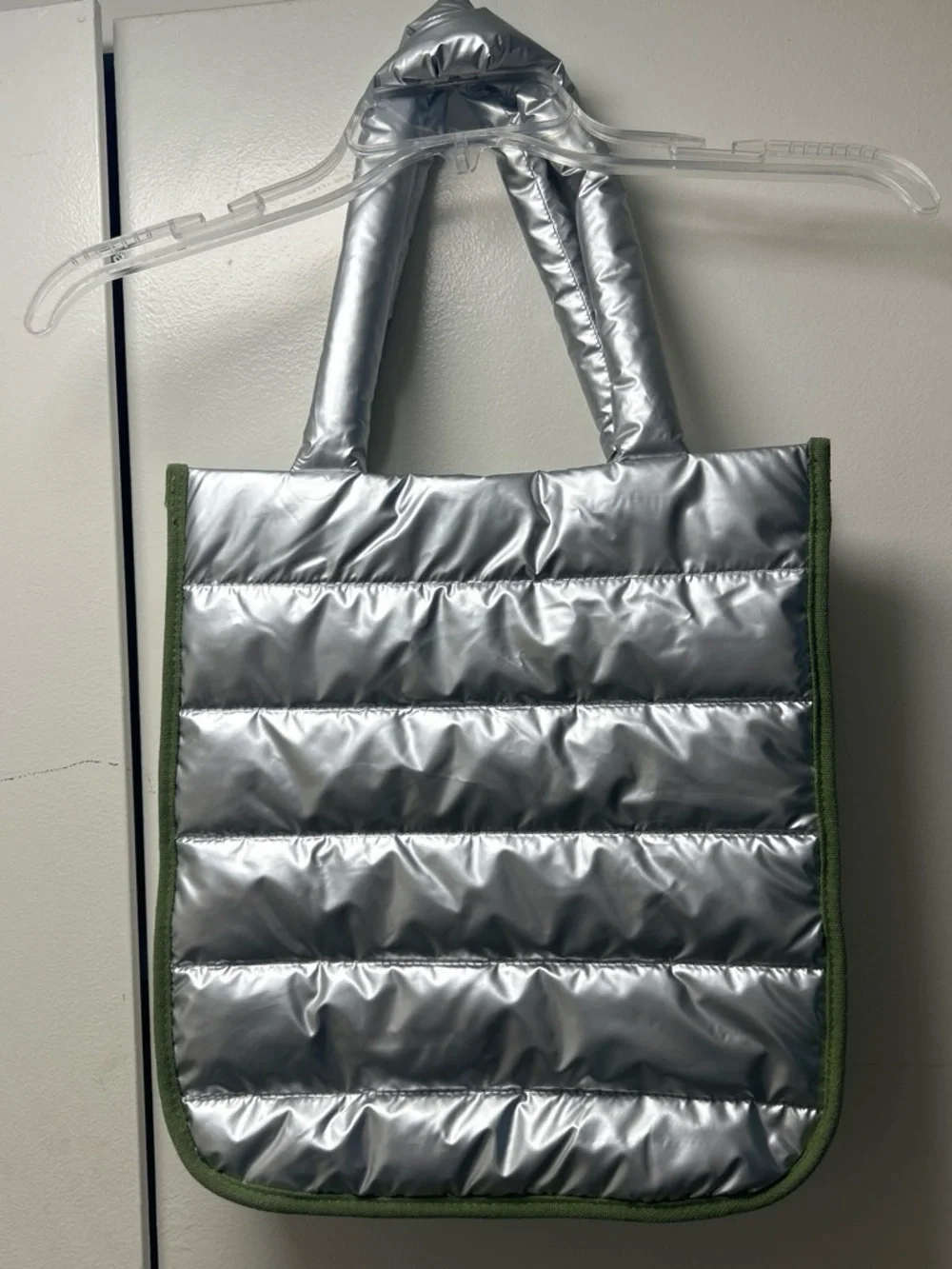 Marc Jacobs Silver Quilted Tote with Green Trim and Patch Accents